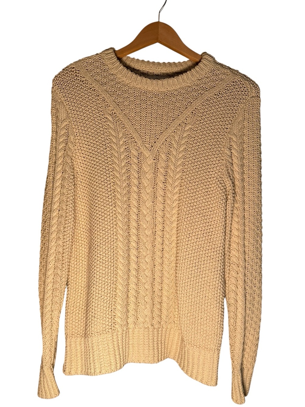 L.L.Bean Cotton Sweater Cable Knit Fisherman Sweater Beige Preppy - Picture 4 of 7